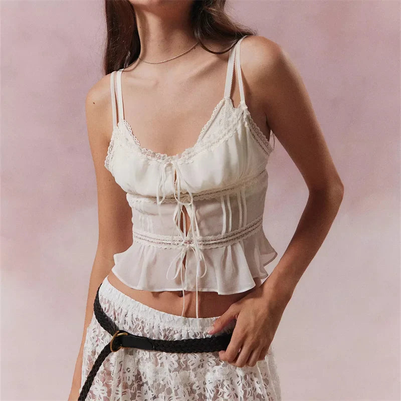 Sheer Lace-Up Spaghetti Crop Top image 7