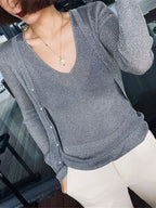 Silk Pearl Button V-neck Cardigan image 6