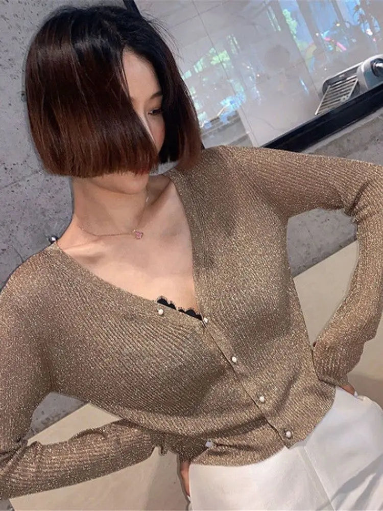 Silk Pearl Button V-neck Cardigan image 3