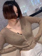 Silk Pearl Button V-neck Cardigan image 3
