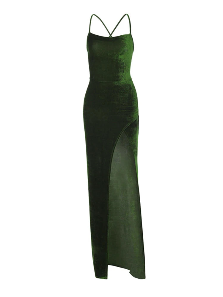 Green Velvet Lace-Up Maxi Dress - Backless Bodycon Party Dress image 5
