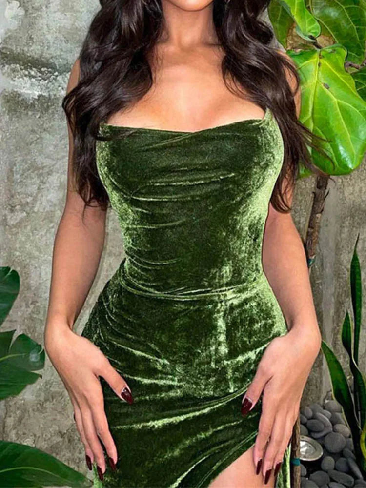 Green Velvet Lace-Up Maxi Dress - Backless Bodycon Party Dress image 3