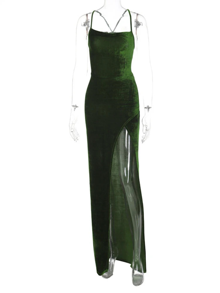 Green Velvet Lace-Up Maxi Dress - Backless Bodycon Party Dress image 6