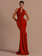 Sexy Backless Sleeveless Halter V-Neck Red Draped Maxi Bodycon Elegant Party Dress image 1