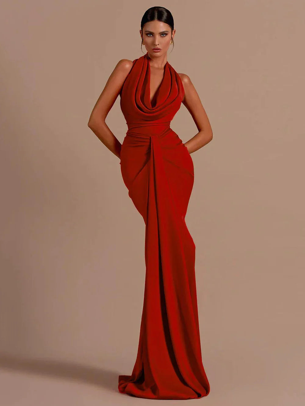 Sexy Backless Sleeveless Halter V-Neck Red Draped Maxi Bodycon Elegant Party Dress image 1