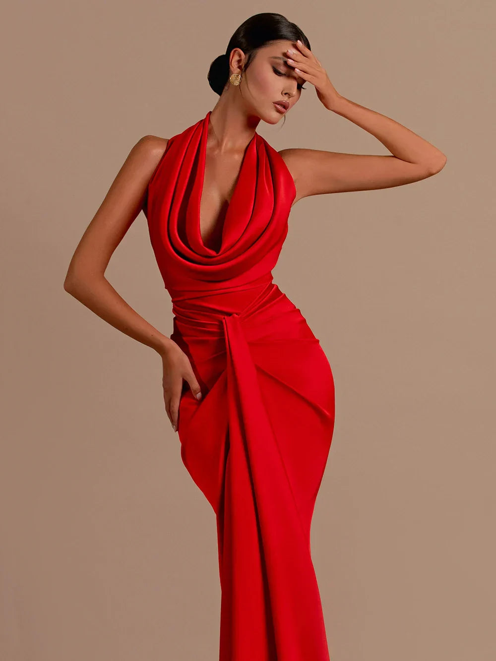 Sexy Backless Sleeveless Halter V-Neck Red Draped Maxi Bodycon Elegant Party Dress image 2