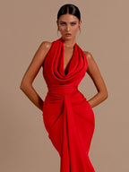 Sexy Backless Sleeveless Halter V-Neck Red Draped Maxi Bodycon Elegant Party Dress image 3