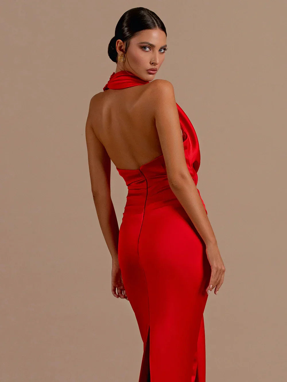 Sexy Backless Sleeveless Halter V-Neck Red Draped Maxi Bodycon Elegant Party Dress image 4