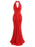 Sexy Backless Sleeveless Halter V-Neck Red Draped Maxi Bodycon Elegant Party Dress image 5