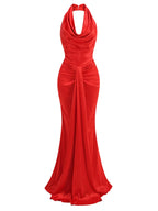 Sexy Backless Sleeveless Halter V-Neck Red Draped Maxi Bodycon Elegant Party Dress image 5
