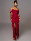 Mozision Elegant Ruffle Sexy Maxi Dress Women Spaghetti Strap Flower Party Dress image 1