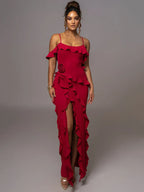 Mozision Elegant Ruffle Sexy Maxi Dress Women Spaghetti Strap Flower Party Dress image 1