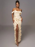 Mozision Elegant Ruffle Sexy Maxi Dress Women Spaghetti Strap Flower Party Dress image 6