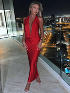 Elegant Satin Deep V Neck Sleeveless Maxi Party Dress image 1