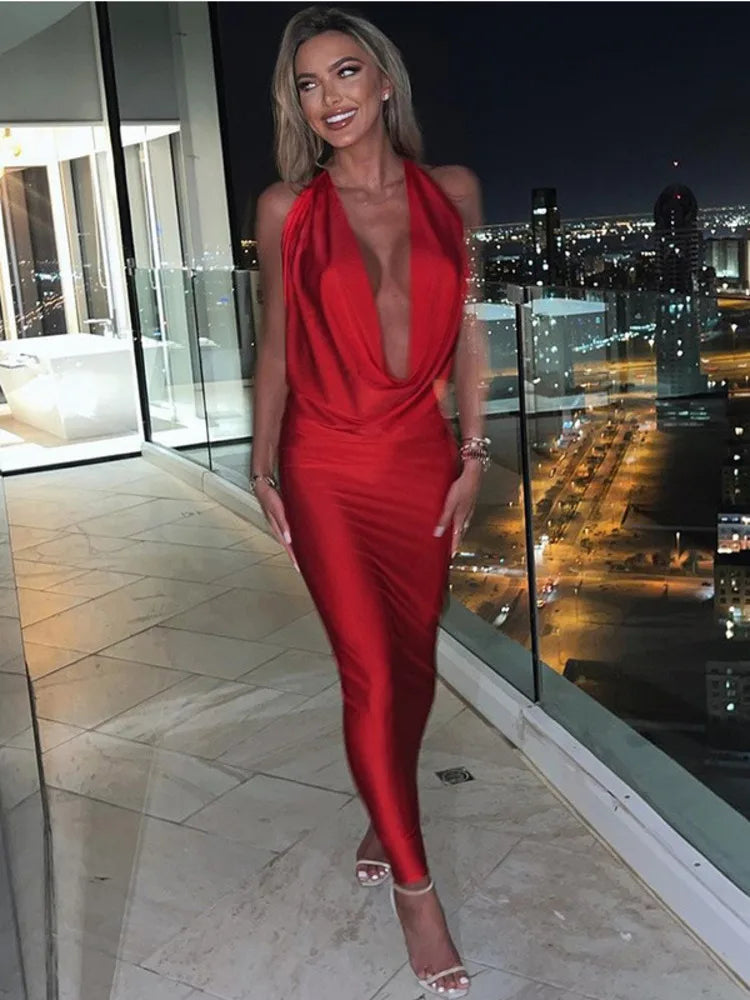 Elegant Satin Deep V Neck Sleeveless Maxi Party Dress image 2