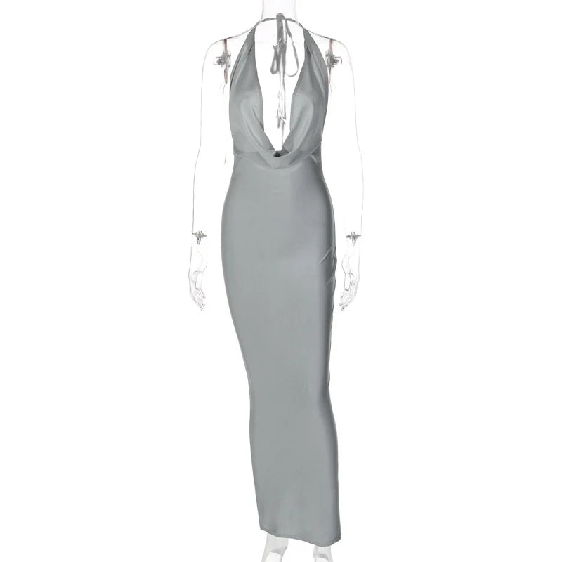 Elegant Satin Deep V Neck Sleeveless Maxi Party Dress image 7