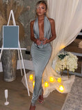 Elegant Satin Deep V Neck Sleeveless Maxi Party Dress image 5
