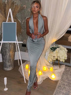 Elegant Satin Deep V Neck Sleeveless Maxi Party Dress image 5