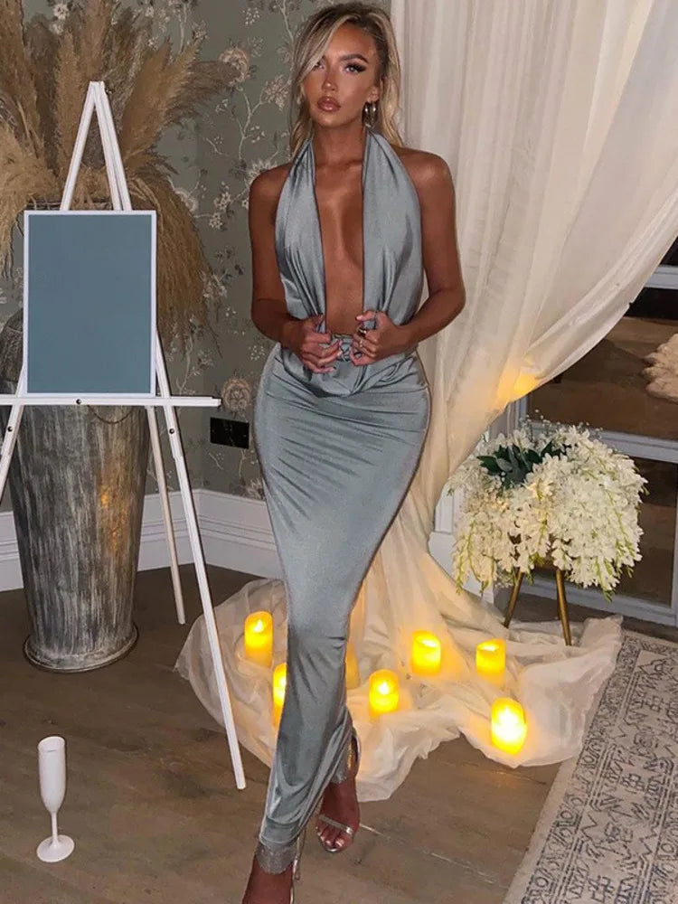 Elegant Satin Deep V Neck Sleeveless Maxi Party Dress image 5