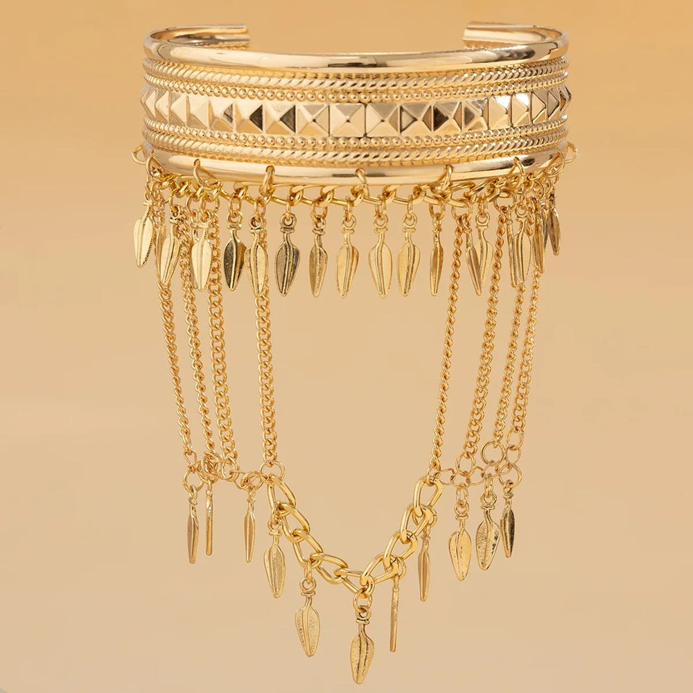 Metal Leaf Coin Tassel Open Bracelet image 3