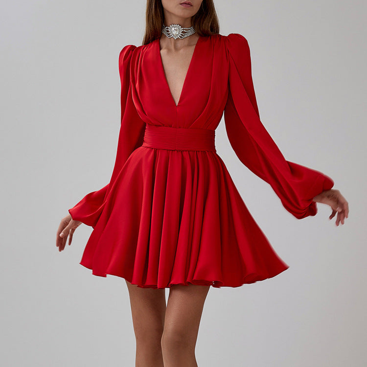 Ruched Puff Sleeve V Neck Waist Belt Satin A Line Mini Dress image 4