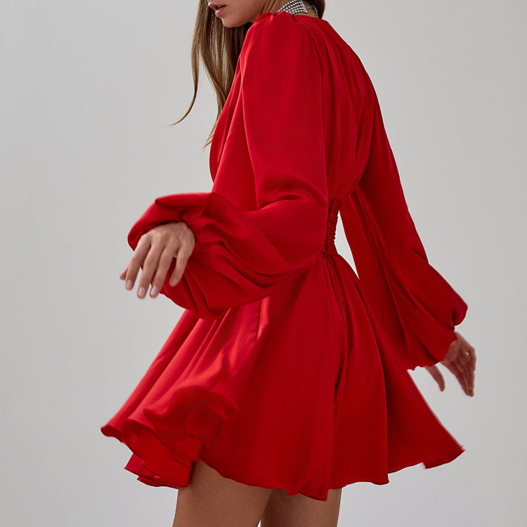 Ruched Puff Sleeve V Neck Waist Belt Satin A Line Mini Dress image 3