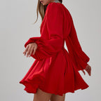 Ruched Puff Sleeve V Neck Waist Belt Satin A Line Mini Dress image 3
