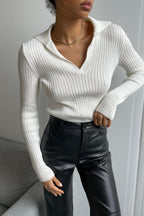 Polo Neck Fitted Ribbed Knit Sweater image 8