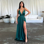 Satin V-Neck Waist-Cinching Split Dress Party Dress image 13