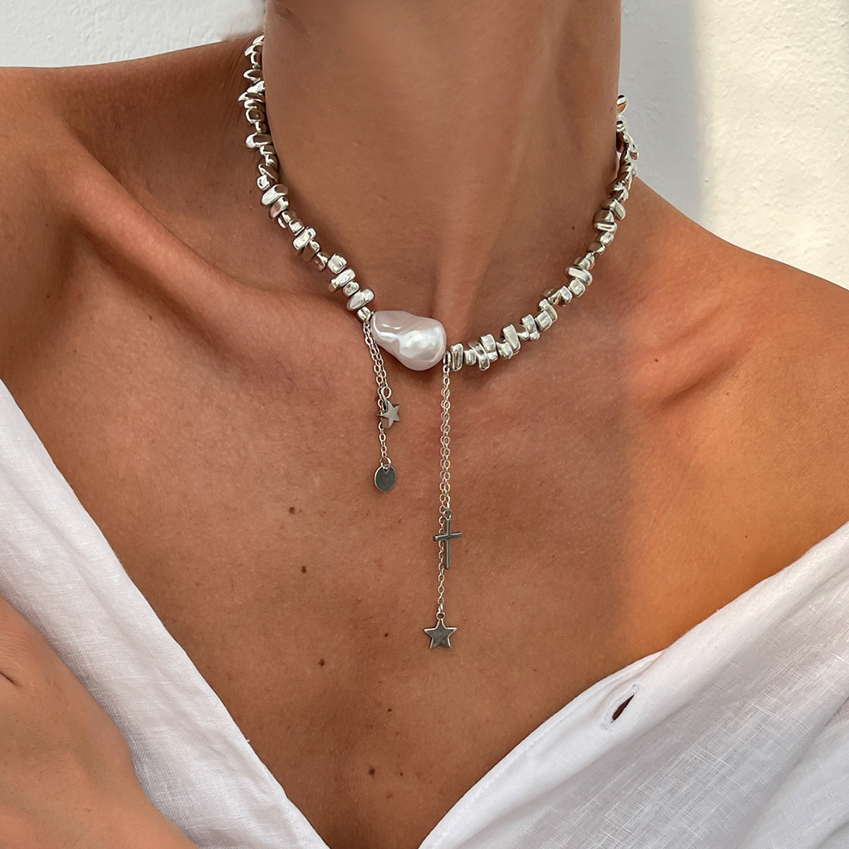 Minimalist Irregular Beaded Star Cross Tassel NeckLace image 2
