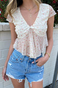 Solid V Neck Floral Mesh Blouse image 6