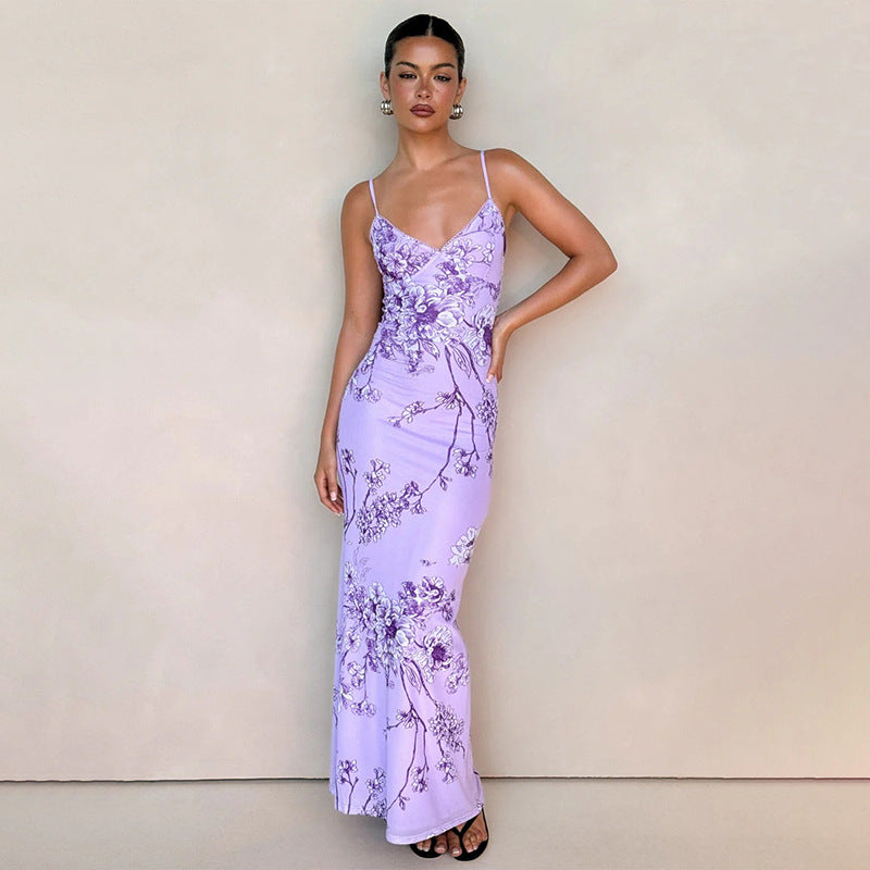 Elegant V-neck Floral Purple Cami Bodycon Maxi Dress image 5
