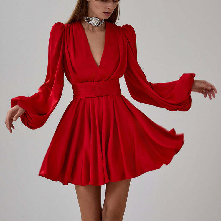 Ruched Puff Sleeve V Neck Waist Belt Satin A Line Mini Dress image 1