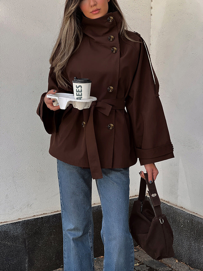 Turtleneck Double Breasted Waist Tie Coat image 3