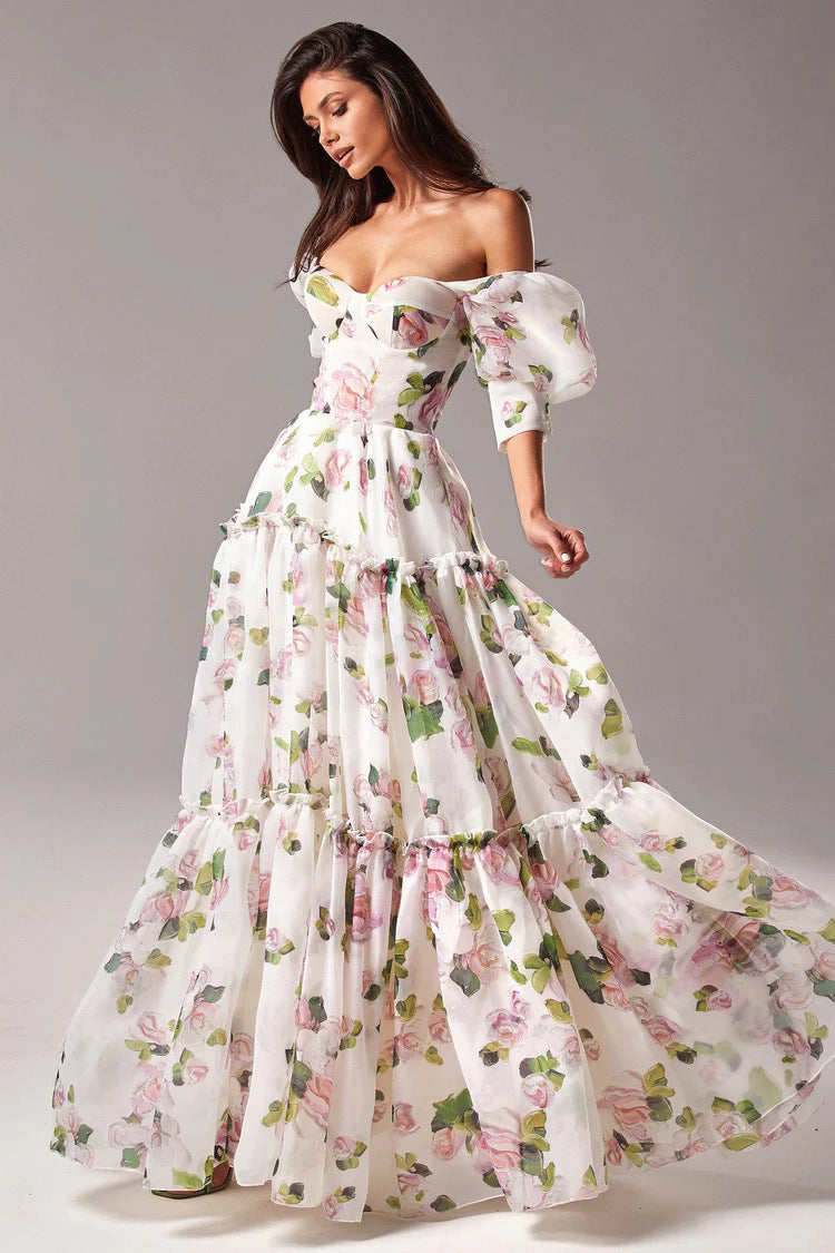 Floral Print Off Shoulder Puff Sleeve Organza Maxi Dress image 1