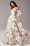 Floral Print Off Shoulder Puff Sleeve Organza Maxi Dress image 1