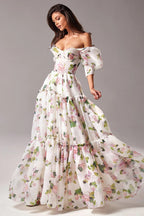 Floral Print Off Shoulder Puff Sleeve Organza Maxi Dress image 1