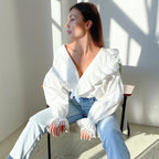 Ruffled Deep V-Neck Lace Trim Blouse image 4
