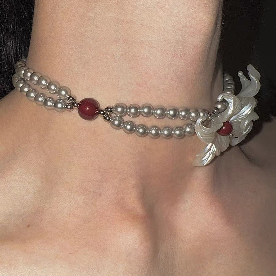 Iris Flower Silver Pearl NeckLace image 2
