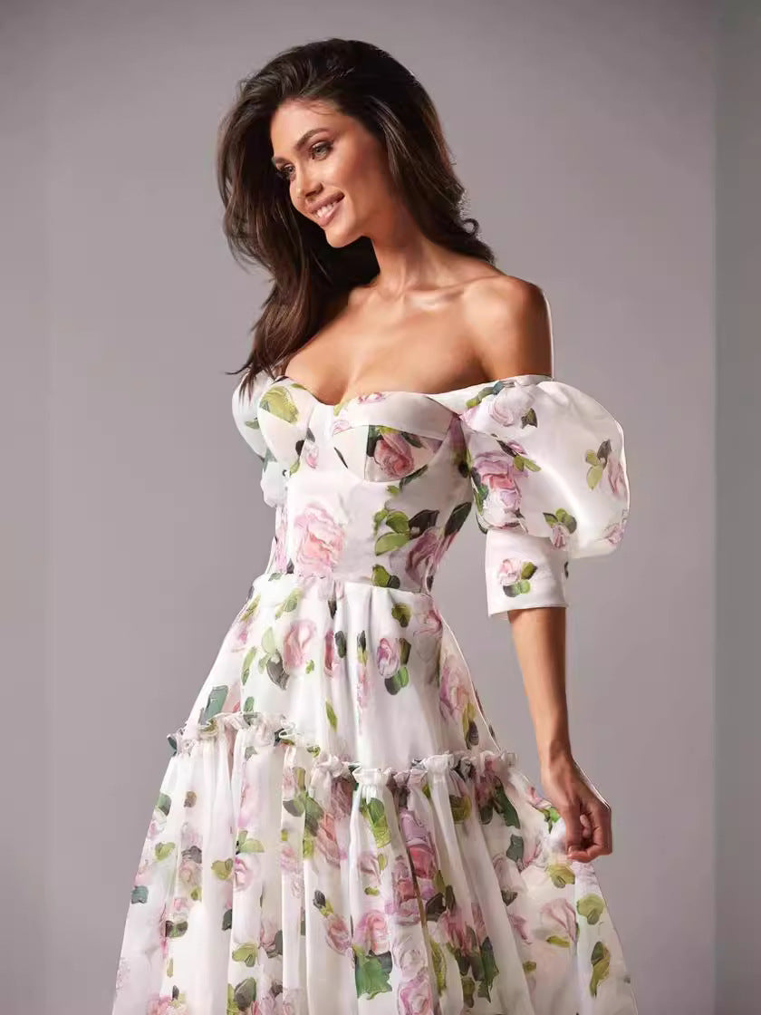 Floral Print Off Shoulder Puff Sleeve Organza Maxi Dress image 3