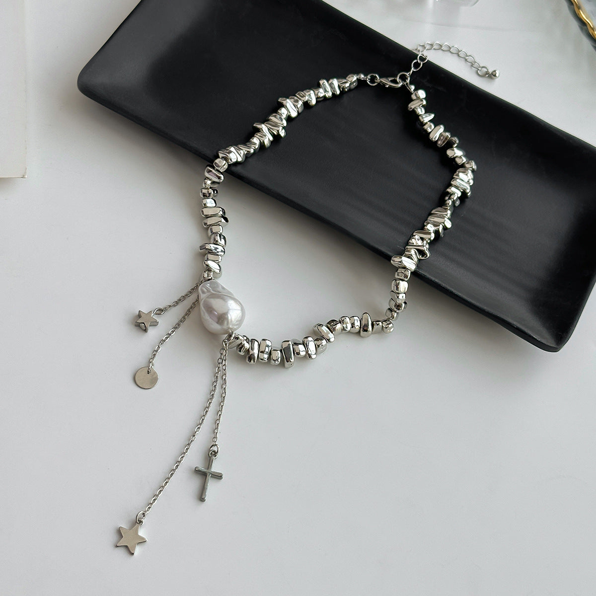 Minimalist Irregular Beaded Star Cross Tassel NeckLace image 3