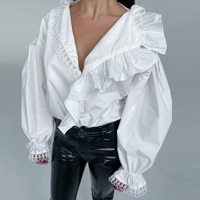 Ruffled Deep V-Neck Lace Trim Blouse image 3