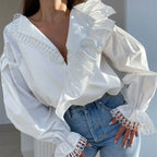 Ruffled Deep V-Neck Lace Trim Blouse image 1