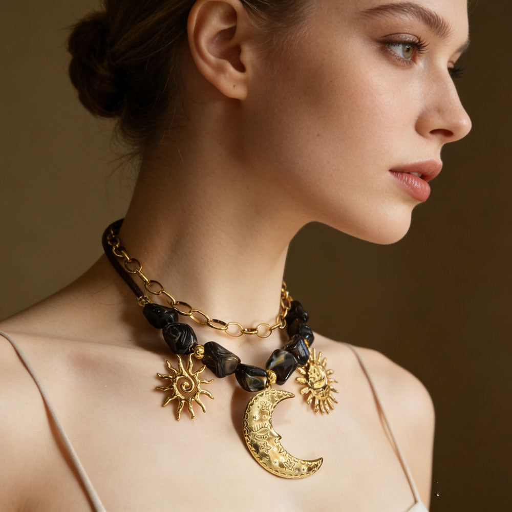 Sun Moon Stainless Steel Resin Beaded NeckLace image 2
