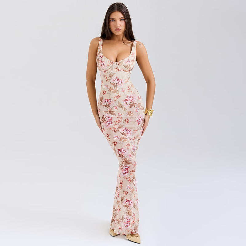 Floral Print Deep V-Neck Fitted Party Dress image 4