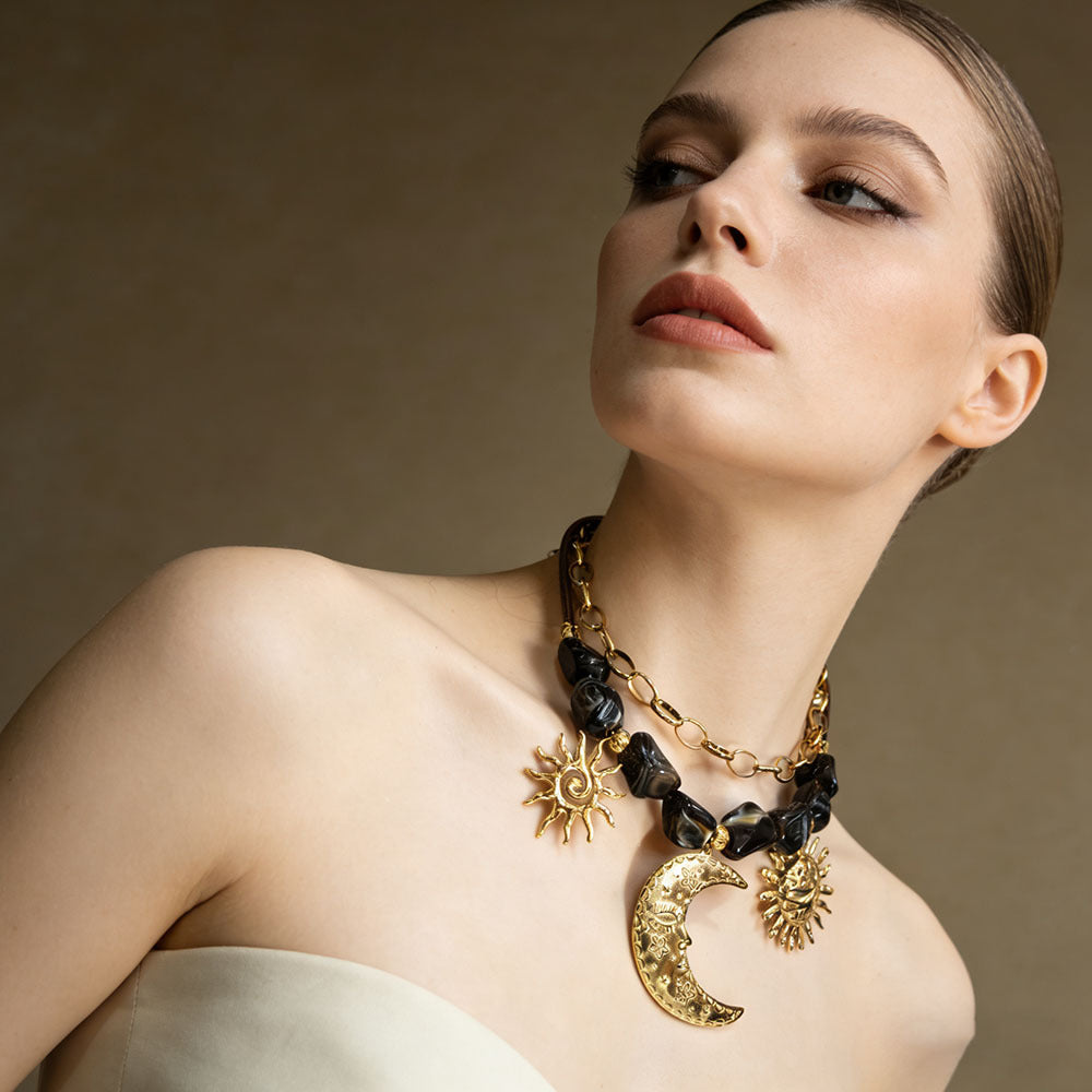 Sun Moon Stainless Steel Resin Beaded NeckLace image 3