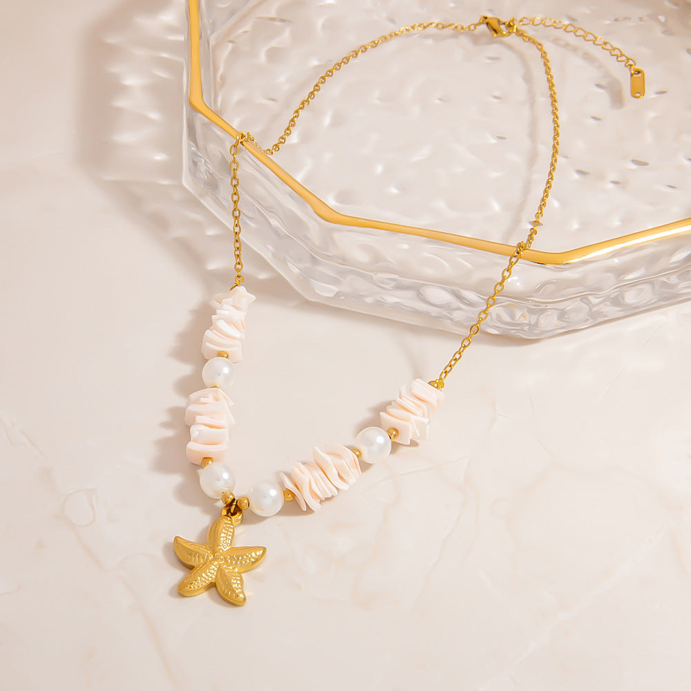 Stainless Steel Natural Stone Pearl Starfish Sun NeckLace image 4