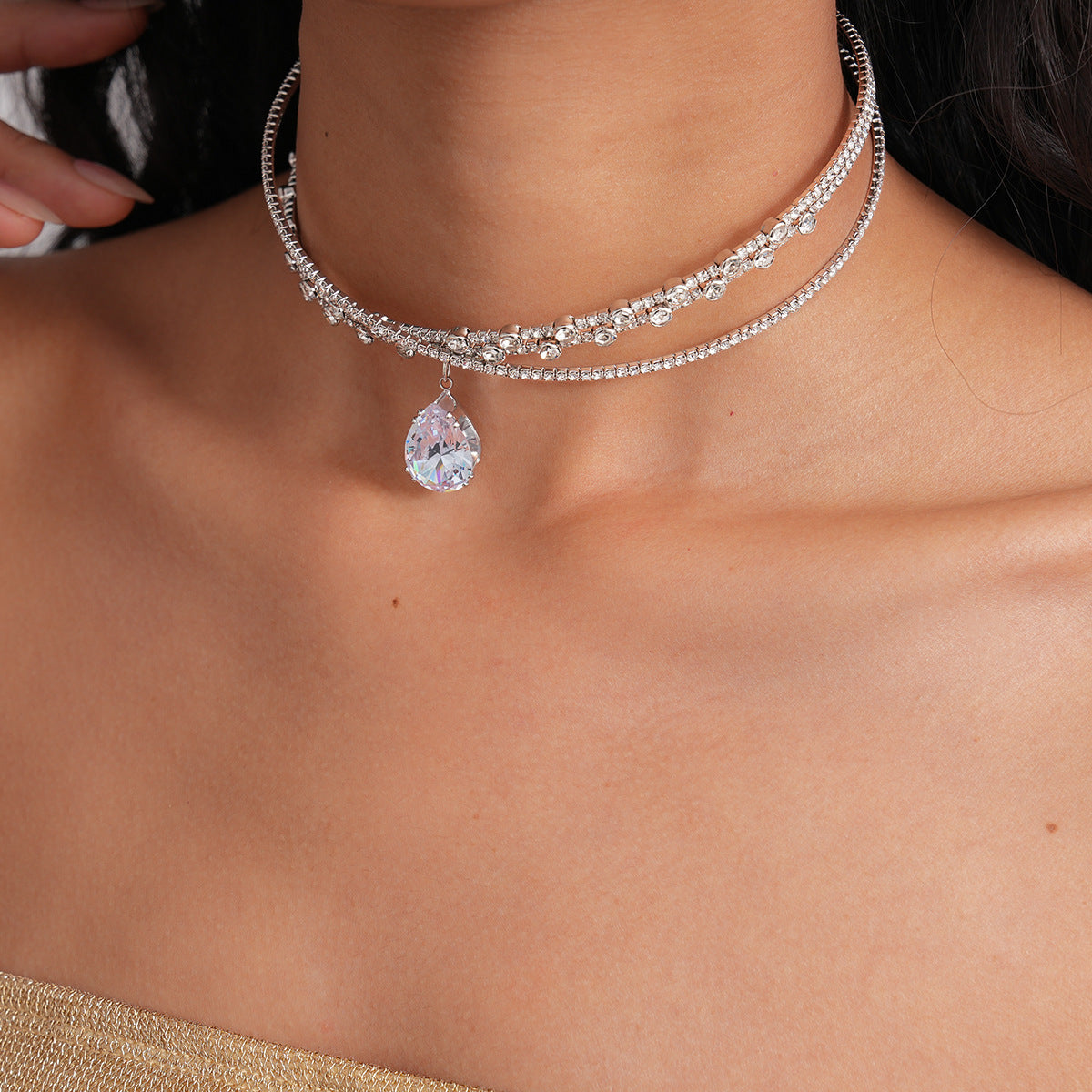 Zircon Rhinestone Waterdrop Crisscross Double Layer NeckLace image 2