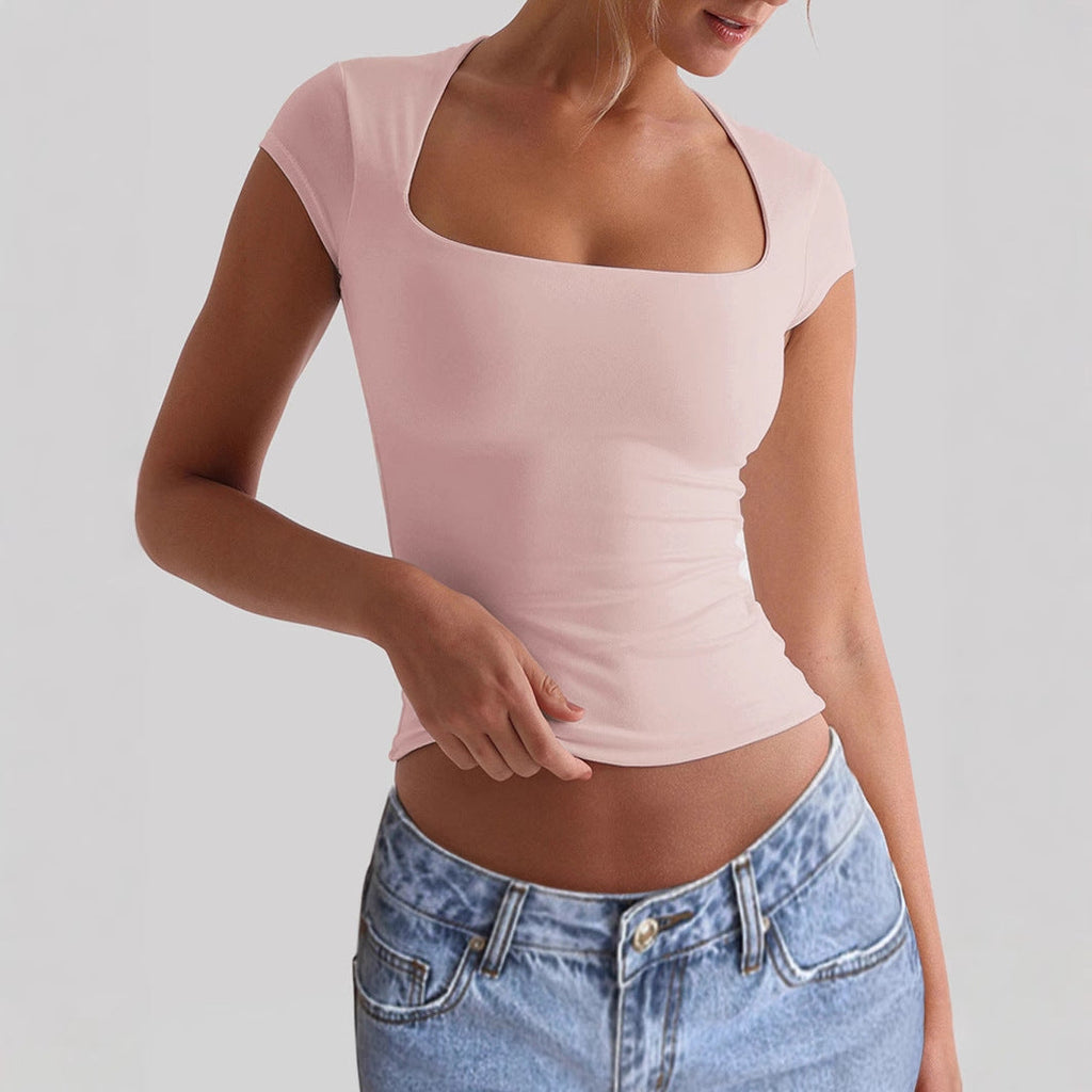 Solid U-Neck Cropped Slim T-shirt image 6