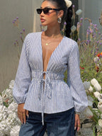Elegant Stripe Long Sleeve Tie Blouse image 2